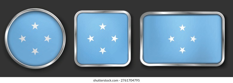 MICRONESIA Metallic Flag Collection, Circular, Square and Rectangular MICRONESIA Flag Badges Set