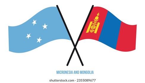 Banderas de Micronesia y Mongolia Cruzadas y ondeadas de estilo plano. Proporción oficial. Colores correctos.