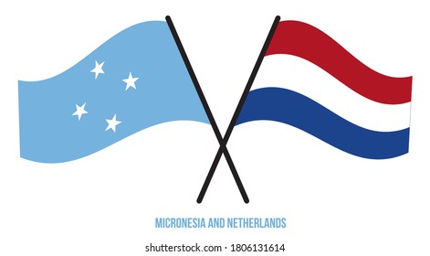 Mikronesien und die Niederlande Flaggen überquert und schwingen Flat Style. Offizieller Anteil. Korrigieren Sie Farben.