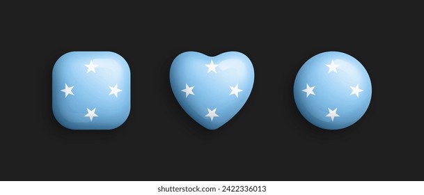 Micronesia Official National Flag 3D Vector Glossy Icons In Rounded Square, Heart And Circle Shape Isolate On Black. Micronesian Sign And Symbols Graphic Design Elements Volumetric Buttons Collection