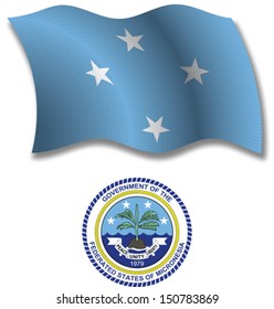 micronesia shadowed textured wavy flag and coat of arms against white background, vector art illustration, image contains transparency transparency