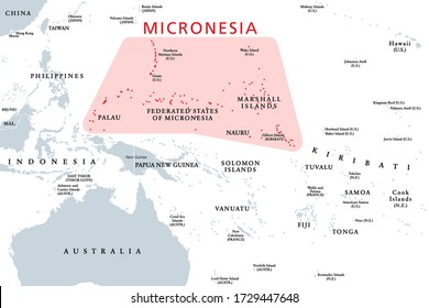 Micronesia, subregion of Oceania, political map. Composed of thousands of small islands in western Pacific Ocean next to Polynesia and Melanesia. English. Illustration on white background. Vector.