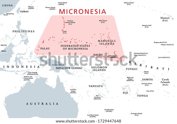 ミクロネシア オセアニアの地域 政治地図 ポリネシアとメラネシアの隣の太平洋西部にある何千もの小さな島で構成されています 英語 白い背景にイラトス ベクター画像 のベクター画像素材 ロイヤリティフリー