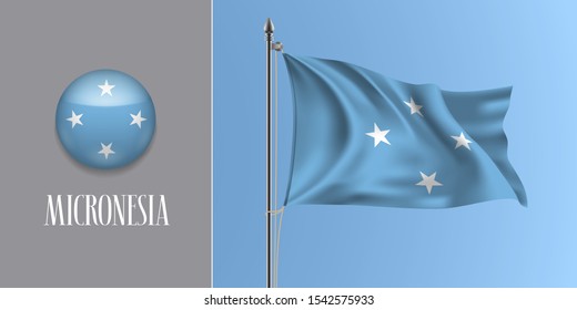 Micronesia waving flag on flagpole and round icon vector illustration. Realistic 3d mockup with design of Micronesian flag and circle button 