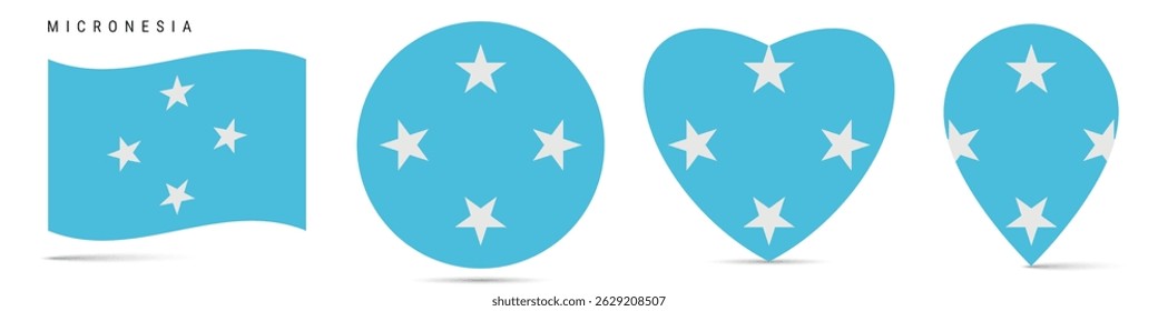 Micronesia waving flag, round circle sticker badge, heart shaped icon, map pin. Micronesian flag buttons of different shapes. Vector illustration isolated on white.