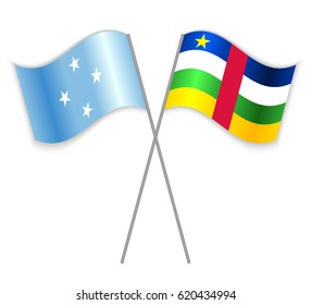 Micronesian and Central African crossed flags. Micronesia combined with Central African Republic isolated on white. Language learning, international business or travel concept.