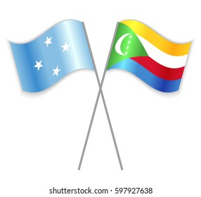 Micronesian and Comoran crossed flags. Micronesia combined with Comoros isolated on white. Language learning, international business or travel concept.