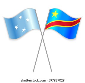 Micronesian and Congolese crossed flags. Micronesia combined with Democratic Republic of the Congo isolated on white. Language learning, international business or travel concept.