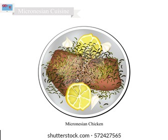 Micronesian Cuisine, Illustration of Traditional Grilled Chicken Breast Steeped in Lemon Juice and Marinated In Beer, Soy Sauce and Chopped Garlic. A Popular Dish of Micronesia.