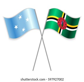 Micronesian and Dominican crossed flags. Micronesia combined with Dominica isolated on white. Language learning, international business or travel concept.