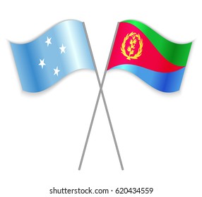 Micronesian and Eritrean crossed flags. Micronesia combined with Eritrea isolated on white. Language learning, international business or travel concept.