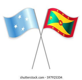 Micronesian and Grenadian crossed flags. Micronesia combined with Grenada isolated on white. Language learning, international business or travel concept.
