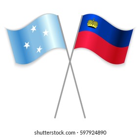 Micronesian and Liechtenstein crossed flags. Micronesia combined with Liechtenstein isolated on white. Language learning, international business or travel concept.