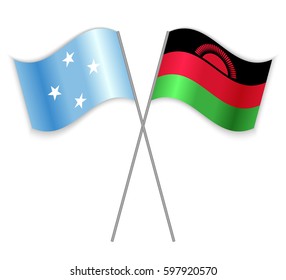 Micronesian and Malawian crossed flags. Micronesia combined with Malawi isolated on white. Language learning, international business or travel concept.