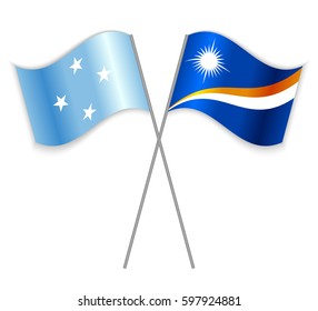 Micronesian and Marshallese crossed flags. Micronesia combined with Marshall Islands isolated on white. Language learning, international business or travel concept.