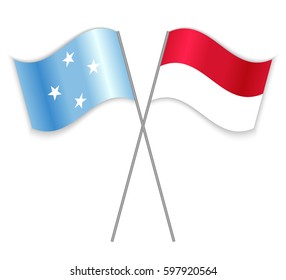 Micronesian and Monegasque crossed flags. Micronesia combined with Monaco isolated on white. Language learning, international business or travel concept.