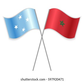 Micronesian and Moroccan crossed flags. Micronesia combined with Morocco isolated on white. Language learning, international business or travel concept.