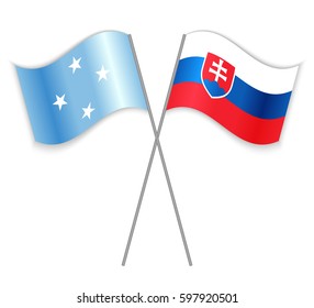 Micronesian and Slovak crossed flags. Micronesia combined with Slovakia isolated on white. Language learning, international business or travel concept.