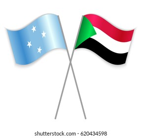 Micronesian and Sudanese crossed flags. Micronesia combined with Sudan isolated on white. Language learning, international business or travel concept.