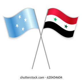 Micronesian and Syrian crossed flags. Micronesia combined with Syria isolated on white. Language learning, international business or travel concept.