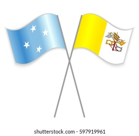 Micronesian and Vatican crossed flags. Micronesia combined with Vatican City State isolated on white. Language learning, international business or travel concept.