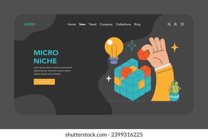 Micro-Niches web en modo oscuro o nocturno, aterrizando. La mano coloca estratégicamente los cubos, simbolizando la segmentación enfocada del mercado. Una idea brillante para el marketing selectivo. Ilustración vectorial plana