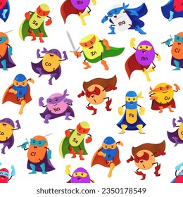 Micronutrient superhero characters seamless pattern. Vector smiling food supplement capsules Se, Ca, Zn and Mg, Cl or Mn, Cu, I, Fe and Na personages with superpowers wear super hero cape and mask