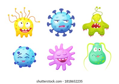 Microorganism, bacteria, microbes, cute germs, virus cell, bacillus with funny smiley faces. Viruses bacteria emoticon, microbe monsters smiling pathogen microbes coronavirus cartoon characters vector