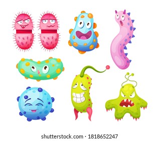 Microorganism, bacteria, microbes, cute germs, virus cell, bacillus with funny smiley faces. Viruses bacteria emoticon, microbe monsters smiling pathogen microbes coronavirus cartoon characters vector