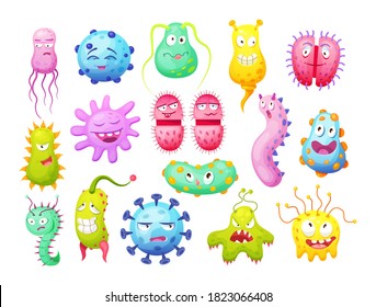 Microorganismo, bacterias, microbios, gérmenes lindos, célula de virus, bacilo con caras graciosas sonrientes. Virus bacterias emoticono, microbios monstruos sonrientes patógenos microbios coronavirus personajes de caricatura vector