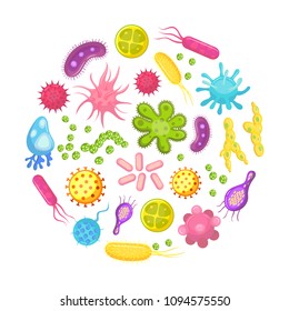 Microorganism, Bacteria, Virus Cell, Bacillus, Disease Bacterium And Fungi Cells. Human Health Science, Epidemic Colorful Probiotic Micro Organism, Germ, Diseases And Viruses Cartoon Vector Flat Icons