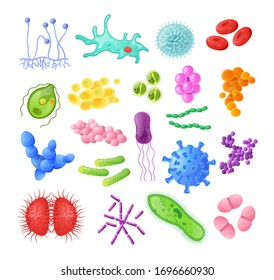 Microorganism, Bacteria, Virus Cell, Bacillus, Disease Bacterium And Fungi Cells. Infectious Germs, Protists, Microbes, Coronavirus. Bundle Of Disease Causing Bacteria, Viruses Cartoon Illustration