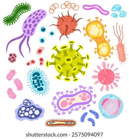 Microorganism, bacteria, virus cell, bacillus, disease bacterium and fungi cells. Human health science, epidemic colorful probiotic micro organism, germ, diseases and viruses. Vector Illustration