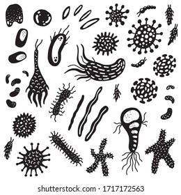 Microorganism, bacteria, virus cell monochrome doodle set. Black color germs,  microscopic organisms collection