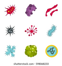 Microorganism cells icons set. Flat illustration of 9 microorganism cells vector icons for web