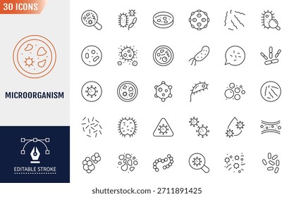Microorganism icon set. Editable stroke. Vector illustration