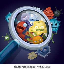 Microorganism, microscopic bacteria, pandemic virus, epidemic germs under magnifying glass vector medical and contamination concept. Unhygienic harmful influenza illustration