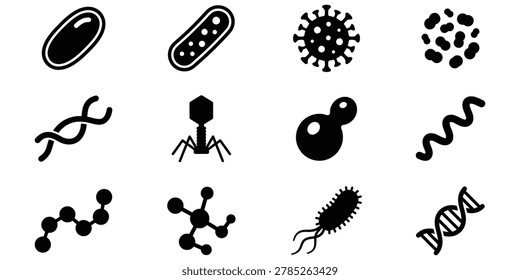 Microorganism and pathogen black icon collection featuring bacteria viruses and genetic strands