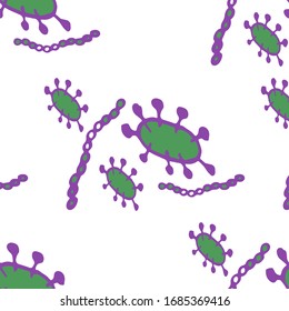 Microorganism Seamless Pattern. Dangerous Different Kinds of Viruses. Bacteria and germs, Abstract molecule Background. Disinfectant anti mold Backdrop.  Virus Illustration.