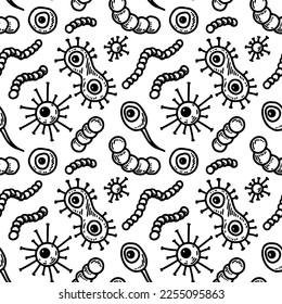 Microorganism seamless pattern. Scientific vector illustration in sketch style. Doodle background
