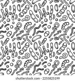 Microorganism seamless pattern. Scientific vector illustration in sketch style. Doodle background