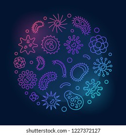 Microorganism vector round microbiology colored illustration in thin line style on dark background