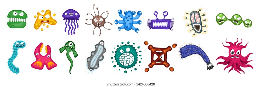 Microorganism virus vector cartoon bacteria germ emoticon character set. Bacterial ilness infection microbiology illustration. Microbe organism emotions isolated on white background