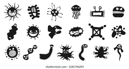 Microorganism virus vector cartoon bacteria germ character set. Bacterium illness infection collection microbiology illustration. Microbe pathogen monster organism black and white vector illustration