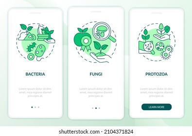 Microorganisms in agriculture green onboarding mobile app screen. Walkthrough 3 steps graphic instructions pages with linear concepts. UI, UX, GUI template. Myriad Pro-Bold, Regular fonts used