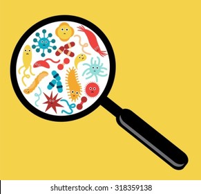 microorganisms, bacteria and viruses increase magnifying glass on a yellow background