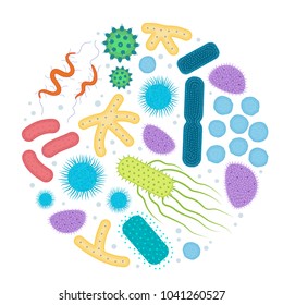 Microorganisms, bacterias, germs, viruses in flat style. Vector Illustration isolated on white background