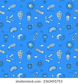 Microorganisms Bio Engineering vector concept blue seamless pattern