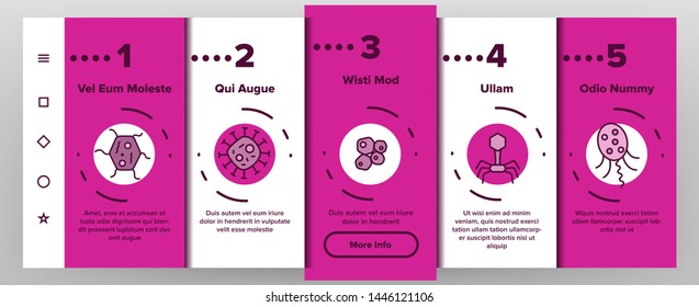 Microorganisms Cells Vector Onboarding Mobile App Page Screen. Viruses, Bacterias, Unicellular Organisms, Protozoa Linear Illustrations. Cocci And Bacillus. Infectious Agent, Bacteriophage Drawings