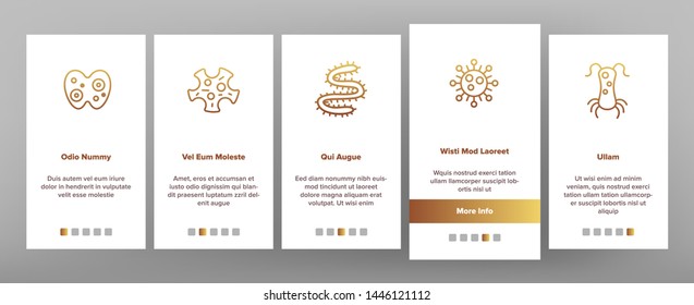 Microorganisms Cells Vector Onboarding Mobile App Page Screen. Viruses, Bacterias, Unicellular Organisms, Protozoa Linear Illustrations. Cocci And Bacillus. Infectious Agent, Bacteriophage Drawings